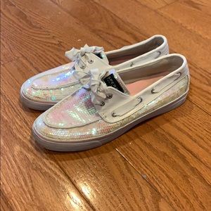White sequin Sperry’s with pink shimmer. Size 9